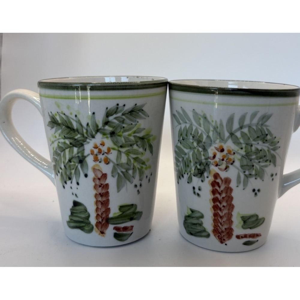Gibson Palm Tree Coffee Mugs Set of 2 Hand Painted Tropical Green Rim Ceramic